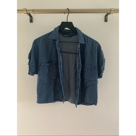 Cropped denim button short sleeve top - Picture 2 of 2